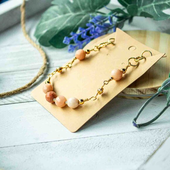 Peach Aventurine Bead Bracelet with Handmade Gold Chain Links - Picture 1 of 15